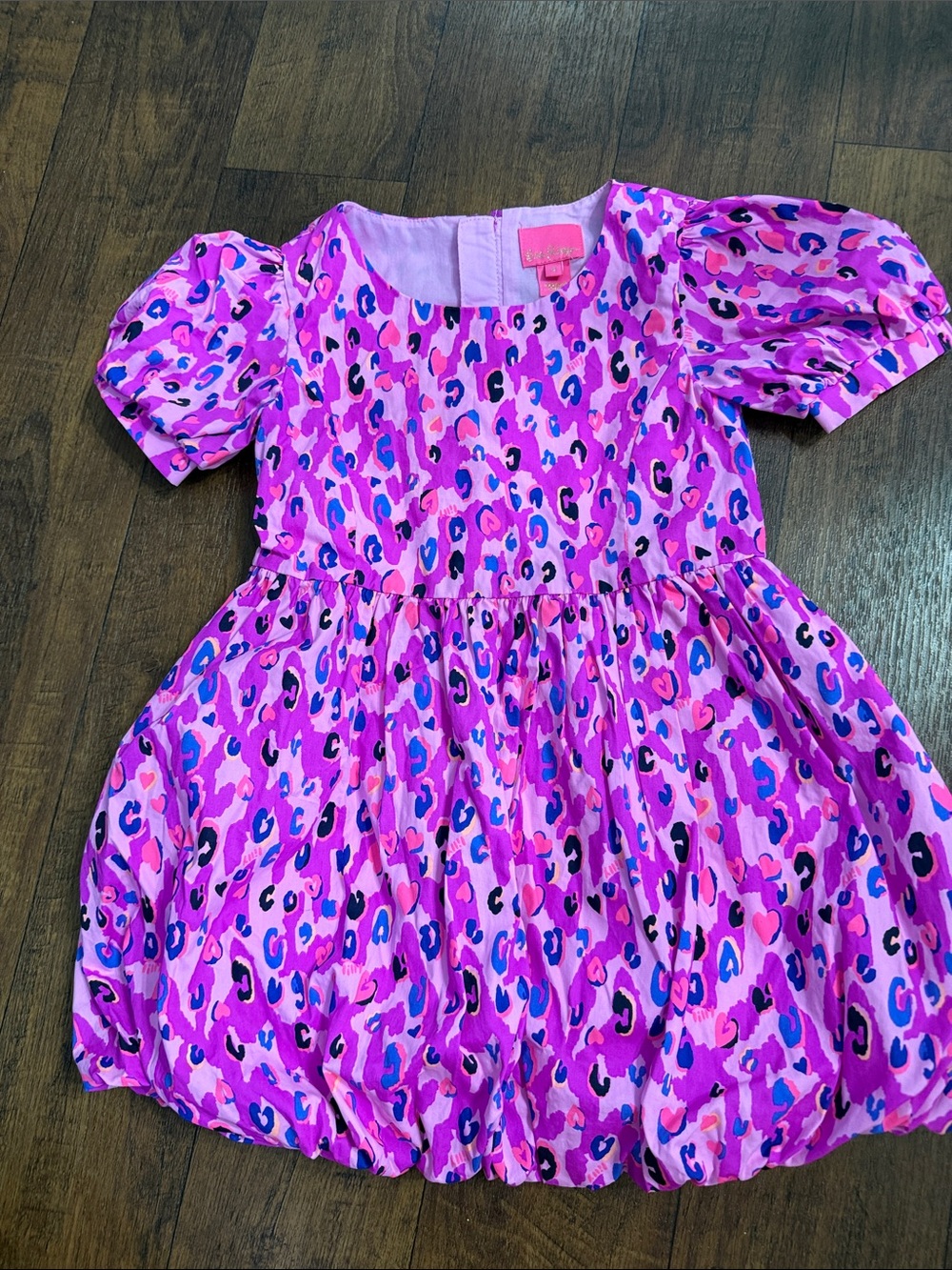 Lilly Pulitzer Pink Purple Blue Leopard Print Puff Sleeve Dress